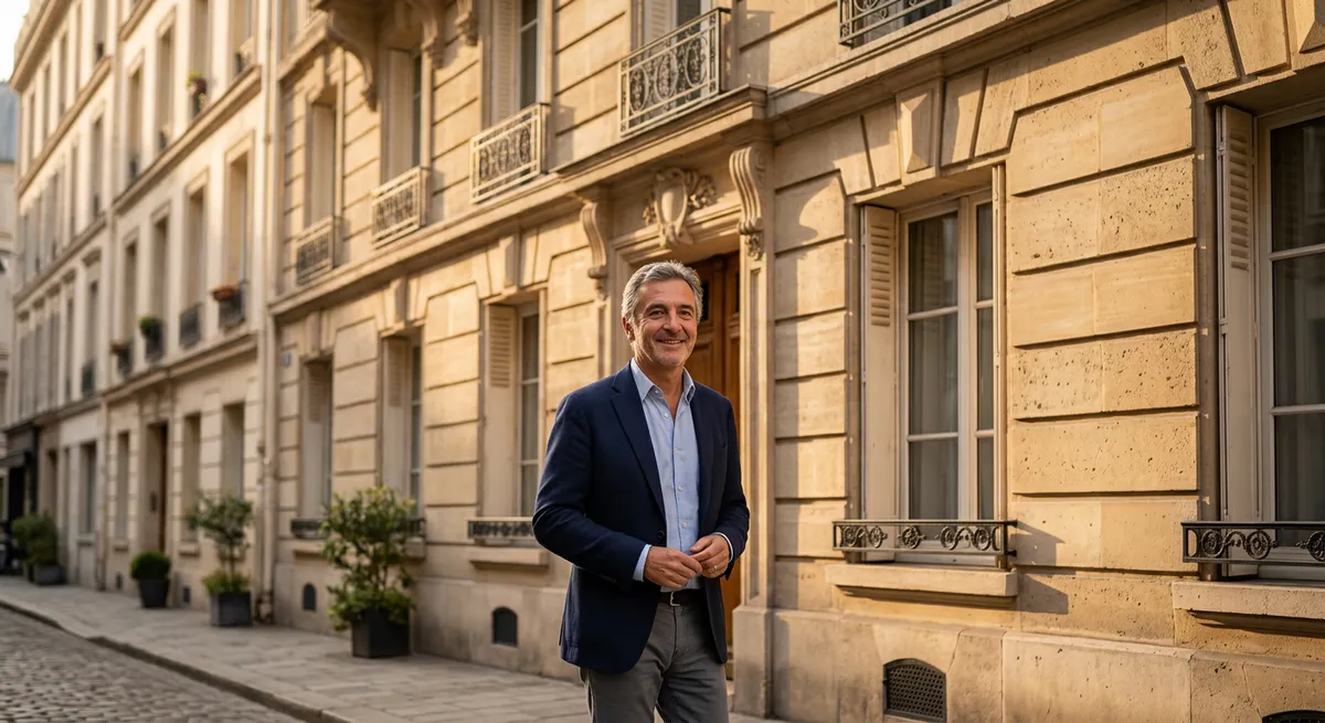 Bailleur devant son immeuble locatif protégé par une assurance loyer impayé